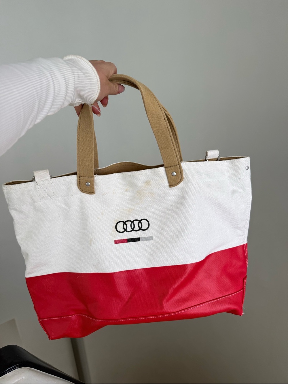 White and Red Canvas Tote with Tan Handles